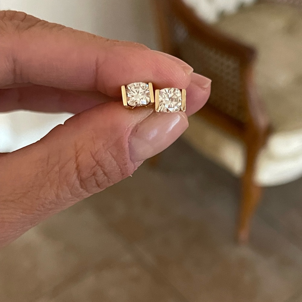Fine Custom Made Cushion Cut Moissanite Earrings Solid 14K Yellow Gold - Picture 7 of 12